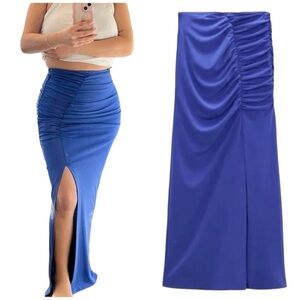 Zara High Rise Front Slit Draped Front Midi Fitted Stretch Skirt